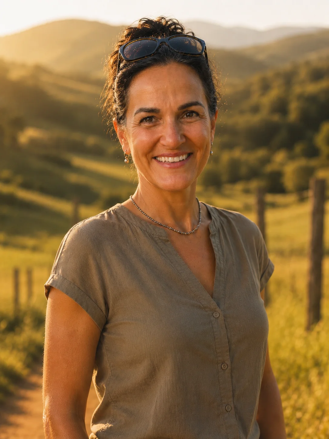 Portrait von Cristina, Gründerin von Vignatour, in einer Weinlandschaft