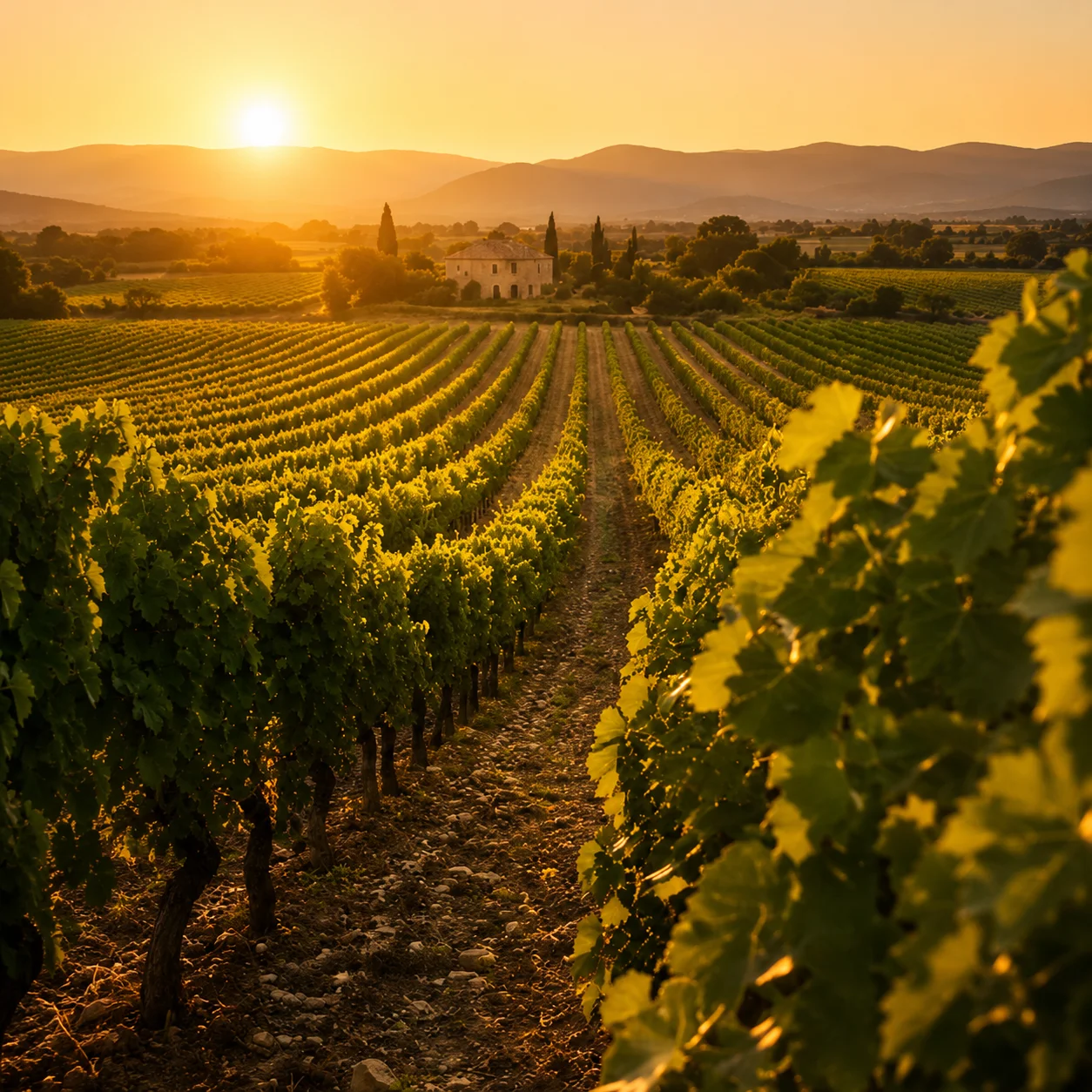 Weinberge im Languedoc bei Sonnenuntergang